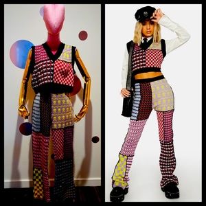 RARE ~ RAGGED PRIEST ~ Patchwork Snowflake Sweater Set ~ Crop Top + Pants ~M